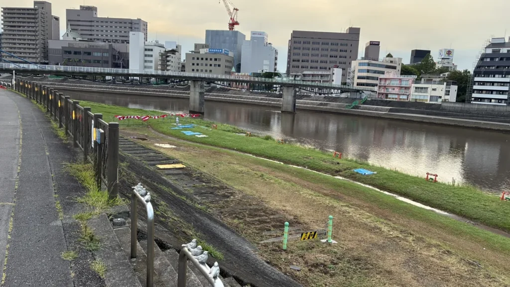 三園橋側の河川敷に広がる自由観覧スペース