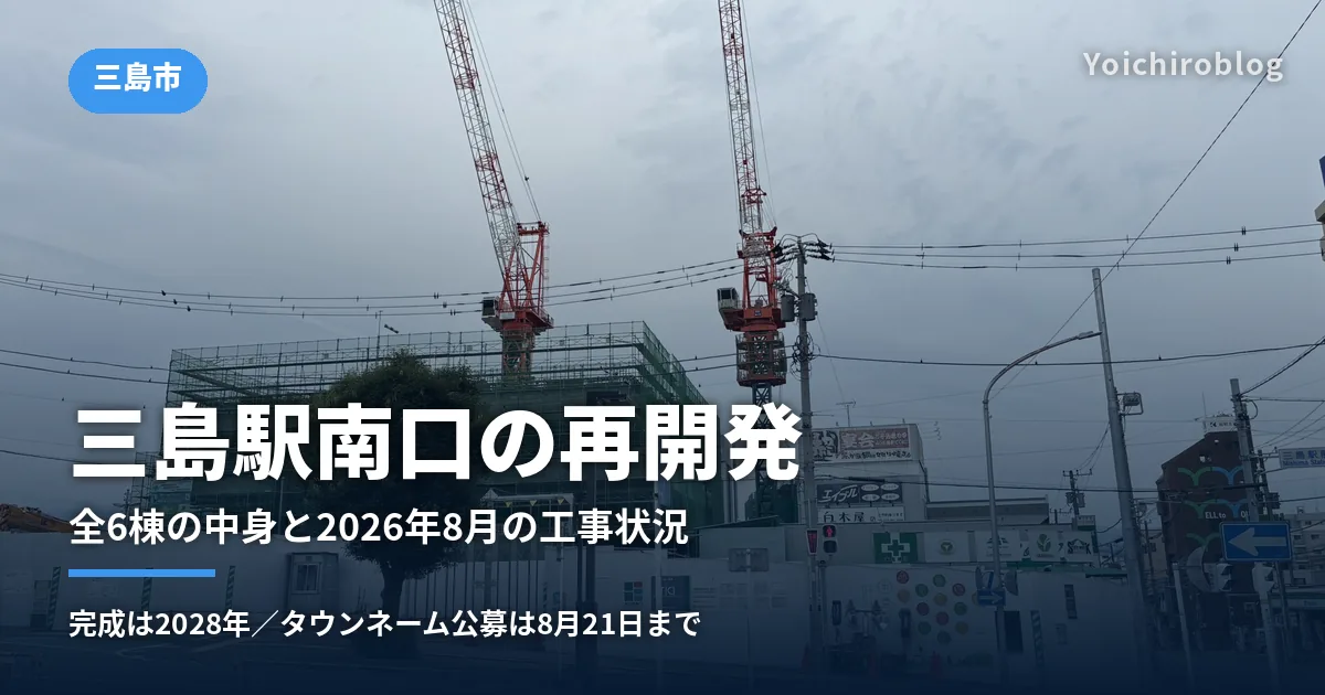 三島駅南口東街区再開発の建設現場。タワークレーン2基と緑の養生ネットに覆われた躯体