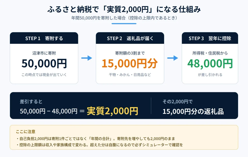 ふるさと納税で実質2,000円になる仕組みの図解。50,000円を寄附し、15,000円分の返礼品を受け取り、翌年に48,000円が控除される流れ