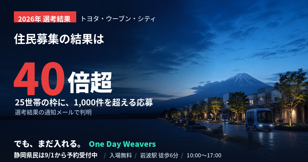 トヨタ・ウーブン・シティの住民募集結果を伝えるアイキャッチ画像。25世帯の枠に1,000件超の応募で倍率40倍超だったこと、静岡県民はOne Day Weaversとして9月1日から訪問予約できることを示している