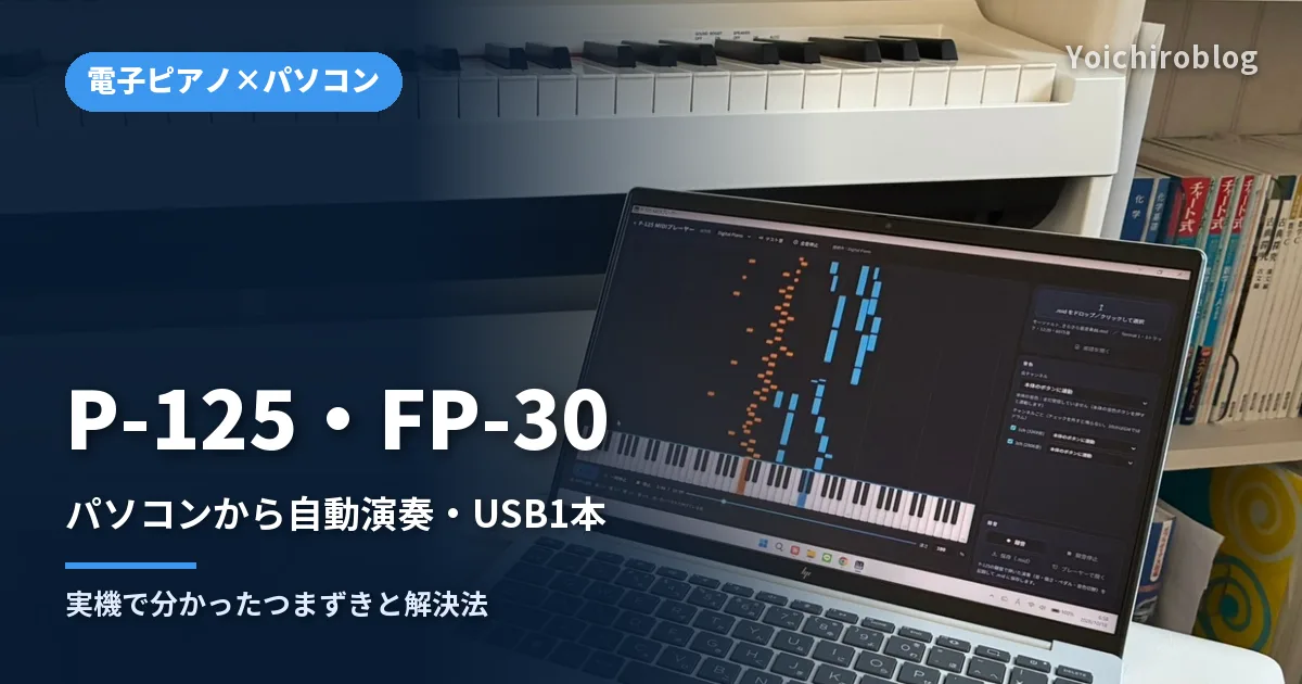 白いYAMAHA P-125の前、ピアノの椅子に置いたノートPCで自作のMIDIプレーヤーが再生中。左側に「P-125・FP-30」「パソコンから自動演奏・USB1本」の文字